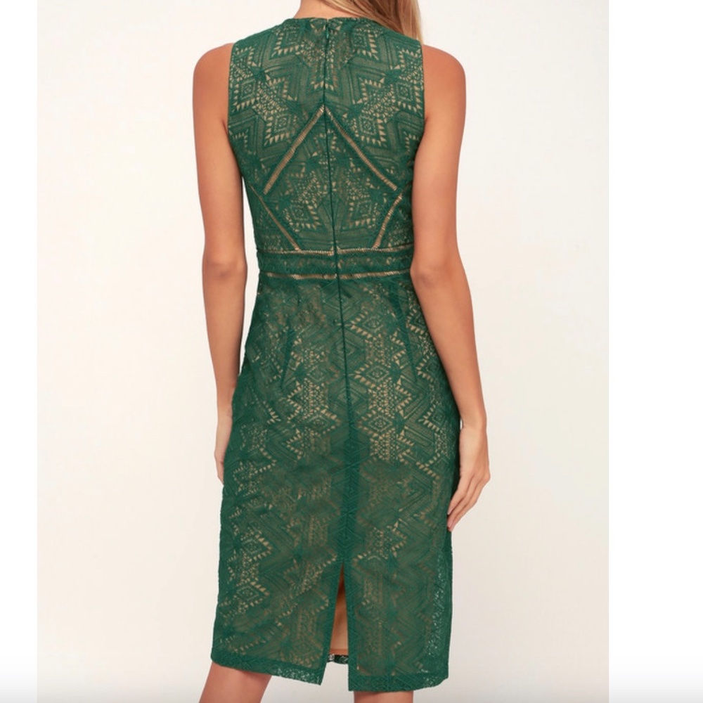 Bardot Eve Dark Green Sheer Crochet Lace Illusion Sleeveless Sheath Midi Dress 8 - Picture 2 of 16